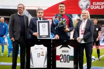 Cristiano Ronaldo was given a Guinness World Record award. He became the first male player to reach 200 international appearances Cristiano Ronaldo was given a Guinness World Record award. He became the first male player to reach 200 international appearances.
