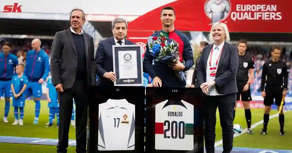 Cristiano Ronaldo was given a Guinness World Record award. He became the first male player to reach 200 international appearances Cristiano Ronaldo was given a Guinness World Record award. He became the first male player to reach 200 international appearances.