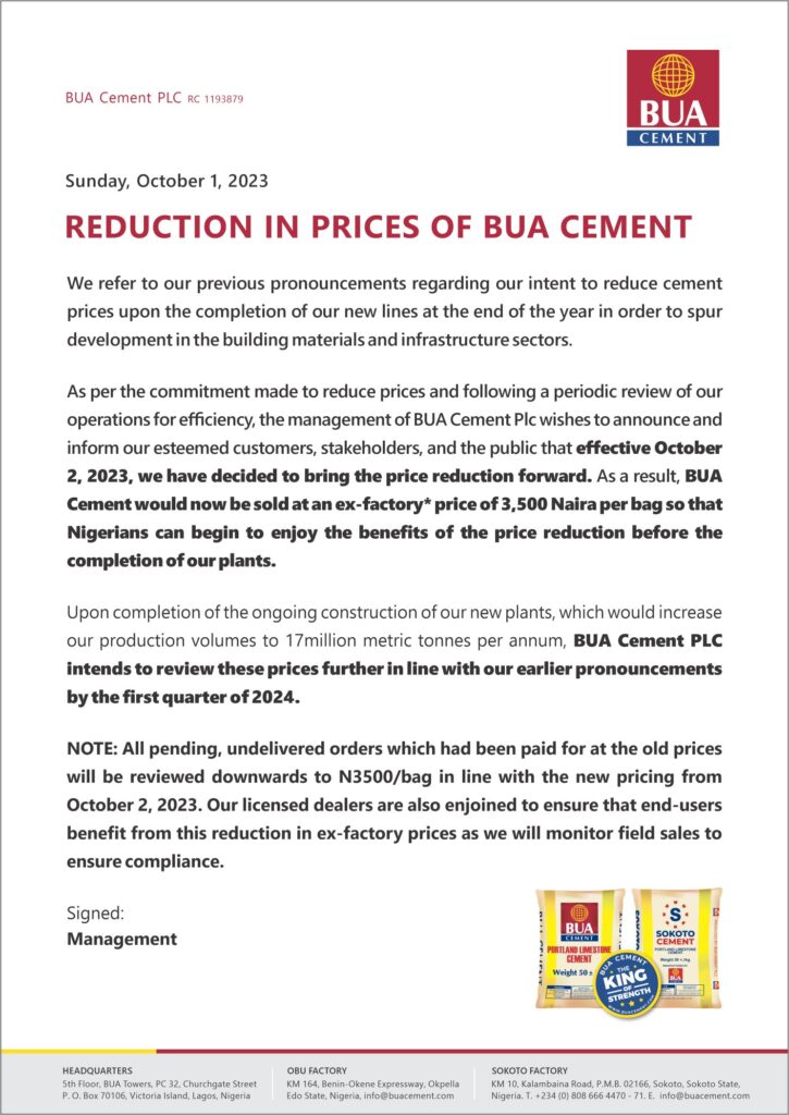 BUA Cement 725x1024 1 BUA Begins Sale Of Cement At N3,500 Per Bag On Monday