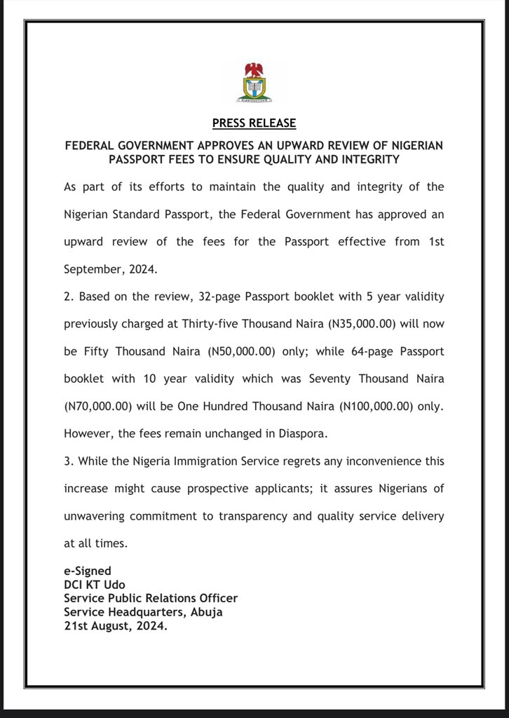 FG Increases Passport Procurement Fees 12 passport FG Increases Passport Procurement Fees